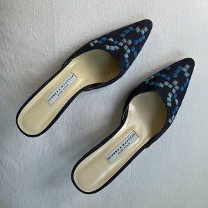 Stubbs And Wootton Embroidered Blue Mule Slides with Kitten Heel 8M